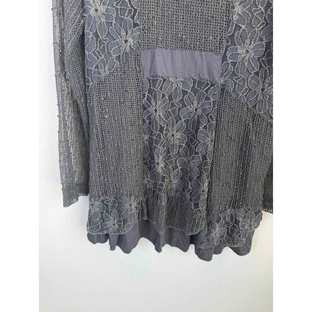 Indigo Soul Gray Lace Tunic Blouse Womens Medium Sheer Sleeve Boho Peasant - Picture 3 of 7